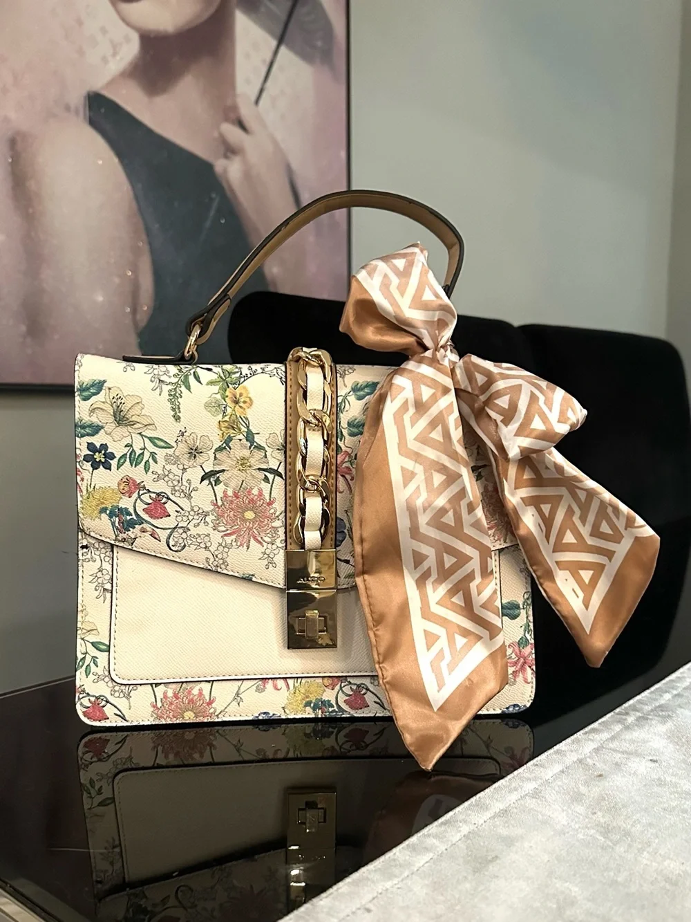 Aldo Floral Print Satchel with Tan Silk Scarf Accent
